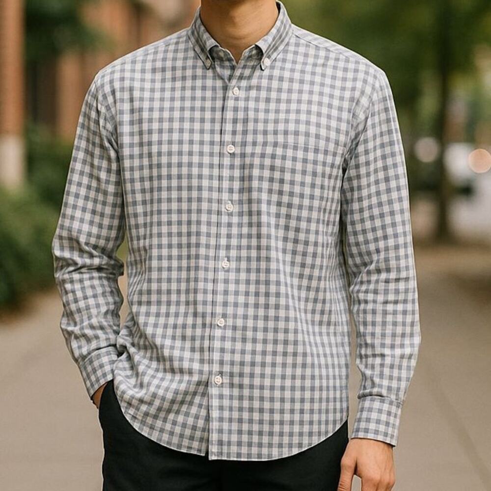 J Crew Secret Wash Shirting Organic Cotton Classic Fit Gray Gingham Plaid Sze XL
